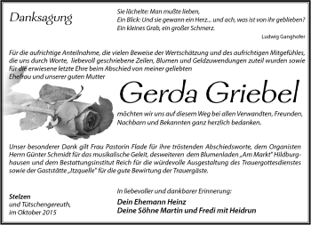 Traueranzeige von Gerda Griebel von Südthüringer Presse