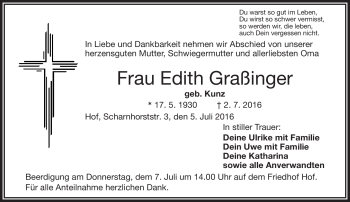 Traueranzeige von Edith Graßinger von Frankenpost