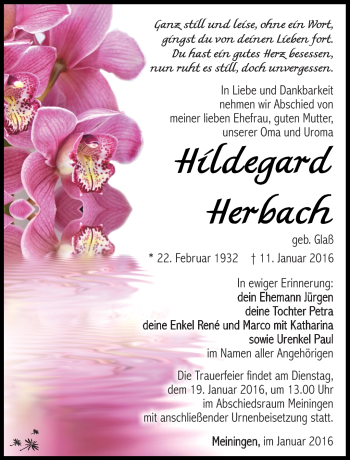 Traueranzeige von Hildegard Herbach von Südthüringer Presse