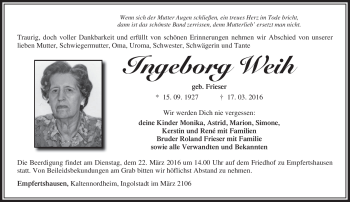Traueranzeige von Ingeborg Weih von Südthüringer Presse