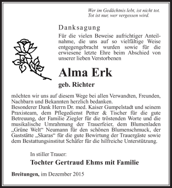 Traueranzeige von Alma Erk von Südthüringer Presse