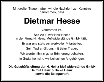 Traueranzeige von Dietmar Hesse von Südthüringer Presse