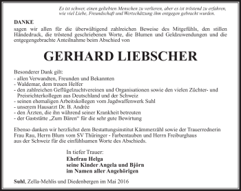 Traueranzeige von Gerhard Liebscher von Südthüringer Presse