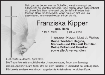 Traueranzeige von Franziska Kipper von Neue Presse Coburg