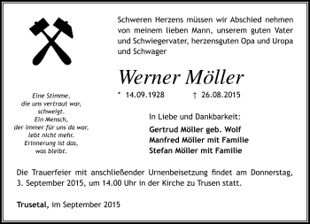 Traueranzeige von Werner Möller von Südthüringer Presse