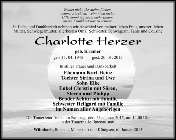 Traueranzeige von Charlotte Herzer von Südthüringer Presse