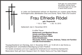 Traueranzeige von Elfriede Rödel von Frankenpost