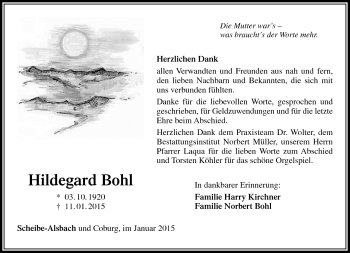 Traueranzeige von Hildegard Bohl von Südthüringer Presse