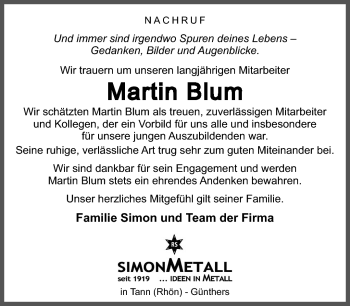 Traueranzeige von Martin Blum von Südthüringer Presse