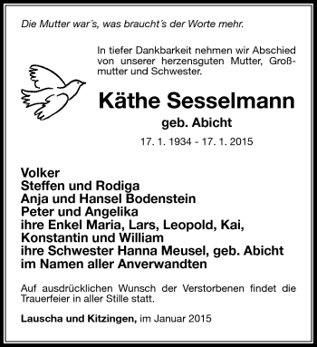 Traueranzeige von Käthe Sesselmann von Südthüringer Presse