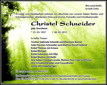 Traueranzeige von Christel Schneider von Südthüringer Presse