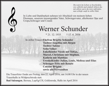 Traueranzeige von Werner Schunder von Südthüringer Presse