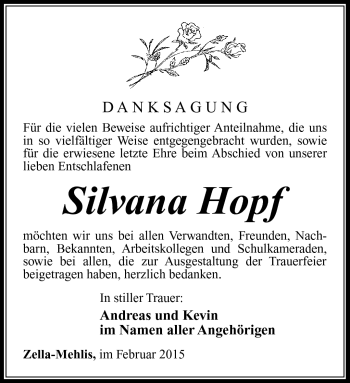 Traueranzeige von Silvana Hopf von Südthüringer Presse