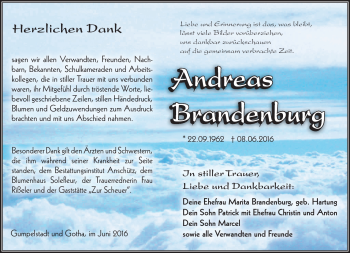 Traueranzeige von Andreas Brandenburg von Südthüringer Presse