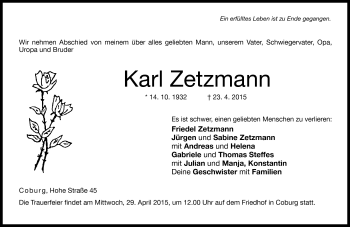 Traueranzeige von Karl Zetzmann von Neue Presse Coburg
