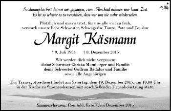 Traueranzeige von Margit Käsmann von Südthüringer Presse