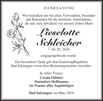 Traueranzeige von Lieselotte Schleicher von Südthüringer Presse