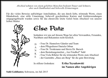 Traueranzeige von Else Patz von Südthüringer Presse