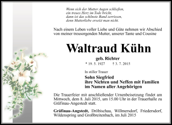 Traueranzeige von Waltraud Kühn von Südthüringer Presse