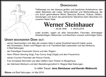 Traueranzeige von Werner Steinhauer von Südthüringer Presse
