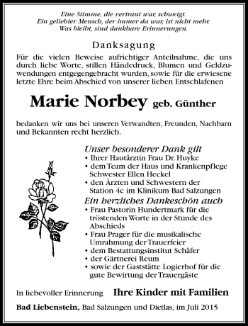 Traueranzeige von Marie Norbey von Südthüringer Presse