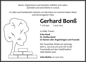 Traueranzeige von Gerhard Bonß von Südthüringer Presse