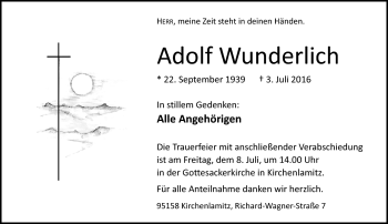 Traueranzeige von Adolf Wunderlich von Frankenpost