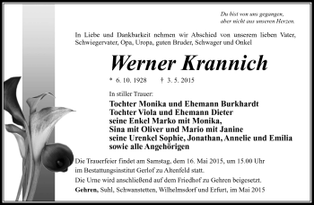 Traueranzeige von Werner Krannich von Südthüringer Presse
