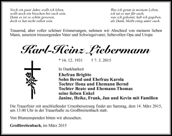 Traueranzeige von Karl-Heinz Liebermann von Südthüringer Presse