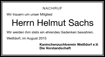 Traueranzeige von Helmut Sachs von Frankenpost