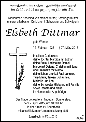 Traueranzeige von Elsbeth Dittmar von Südthüringer Presse