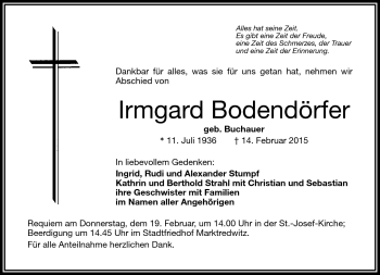 Traueranzeige von Irmgard Bodendörfer von Frankenpost