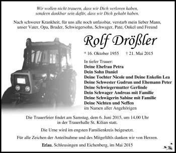 Traueranzeige von Rolf Drößler von Südthüringer Presse