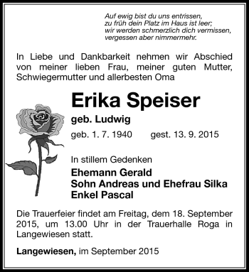 Traueranzeige von Erika Speiser von Südthüringer Presse