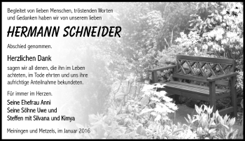 Traueranzeige von Hermann Schneider von Südthüringer Presse
