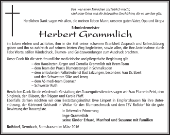 Traueranzeige von Herbert Grammlich von Südthüringer Presse