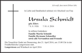 Traueranzeige von Ursula Schmidt von Südthüringer Presse