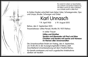 Traueranzeige von Karl Unnasch von Frankenpost