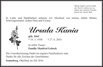 Traueranzeige von Ursula Kania von Südthüringer Presse