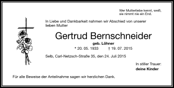 Traueranzeige von Gertrud Bernschneider von Frankenpost