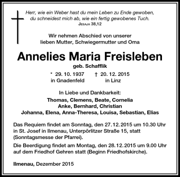 Traueranzeige von Annelies Maria Freisleben von Südthüringer Presse