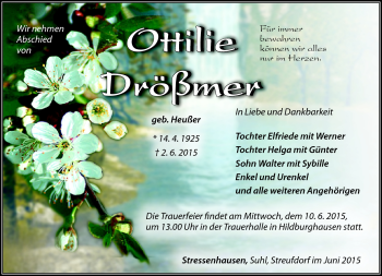 Traueranzeige von Ottilie Drößmer von Südthüringer Presse