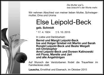 Traueranzeige von Else LeipoldBeck von Südthüringer Presse