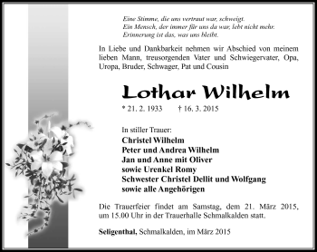 Traueranzeige von Lothar Wilhelm von Südthüringer Presse