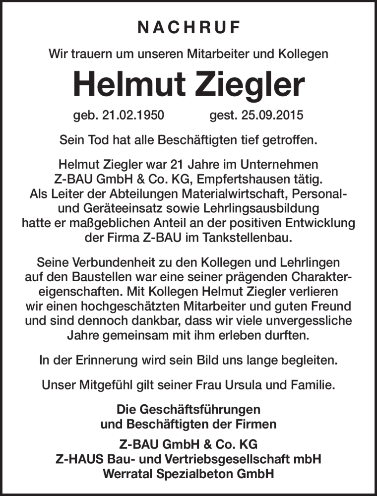 Traueranzeige für Helmut Ziegler vom 30.10.2015 aus Südthüringer Presse