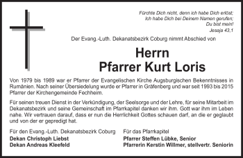 Traueranzeige von Kurt Loris von Neue Presse Coburg