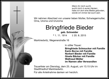 Traueranzeige von Bringfriede Bieder von Frankenpost