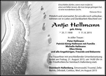 Traueranzeige von Antje Hellmann von Südthüringer Presse