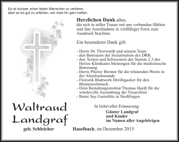 Traueranzeige von Waltraud Landgraf von Südthüringer Presse