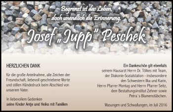 Traueranzeige von Josef Peschek von Südthüringer Presse